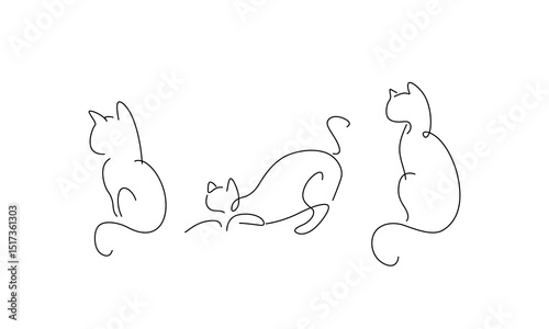 Minimal One Line Drawing of Three Cats  Abstract Feline Movement Art