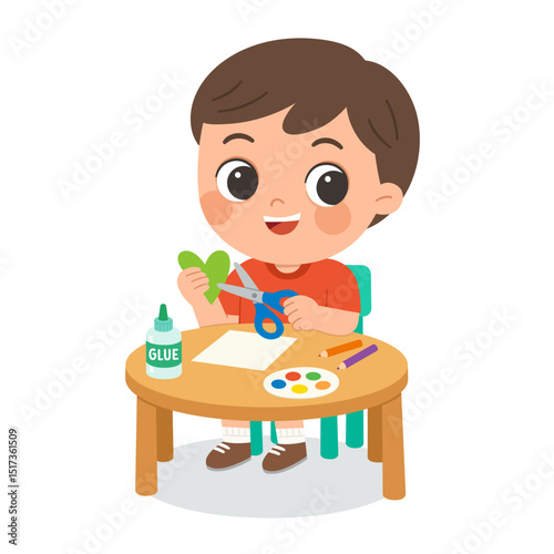 Kid Making Paper Craft with Scissors and Glue. Child Cutting Paper Heart in Art Class Activity. Preschool Boy Enjoying Arts and Crafts at Desk. Kids Creativity,  Education Concept.