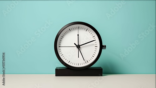 Minimalist clock standing on a clean surface against a serene teal background with neutral tones.
