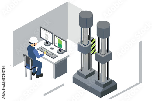 Engineers operate an industrial press to perform steel testing, reviewing data for certification and quality assurance in a top-tier facility.