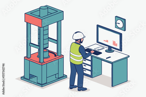 In a high-standard facility, engineers test steel with an industrial press and analyze data for quality assurance and licensing certification.