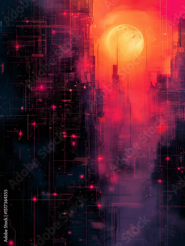 Cyberpunk neon haze. Futuristic city skyline under glowing sun, surrounded by digital circuits and magenta mist. Ideal for sci-fi, tech concept art, and virtual reality themes.