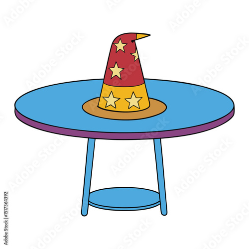 A classic magician’s top hat sits mysteriously on a round table, hinting at secrets within—ready to reveal a rabbit, dove, or spellbinding surprise.
