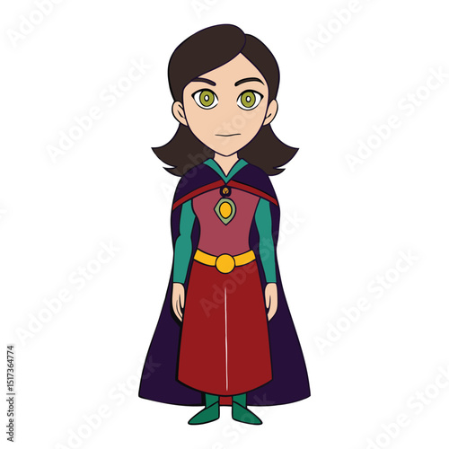 A young sorceress with glowing eyes and a flowing cloak, mastering ancient spells with grace and power, surrounded by auras of magic and mystery.
