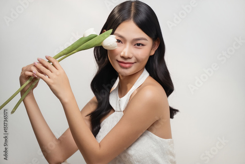 A stunning Asian woman with a white tulip