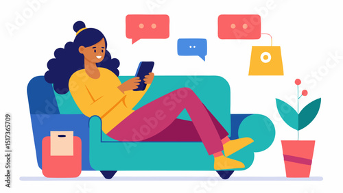 Couch Browsing A woman relaxed on a sofa scrolling through her smartphone. She looks excited and colorful SALE tags are tered around her. A cup of coffee sits beside her.