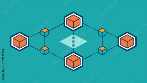 Blockchain Nodes Representation A series of interconnected hexagons symbolizing blockchain nodes with arrows leading between different supply chain stages e.g. sourcing production