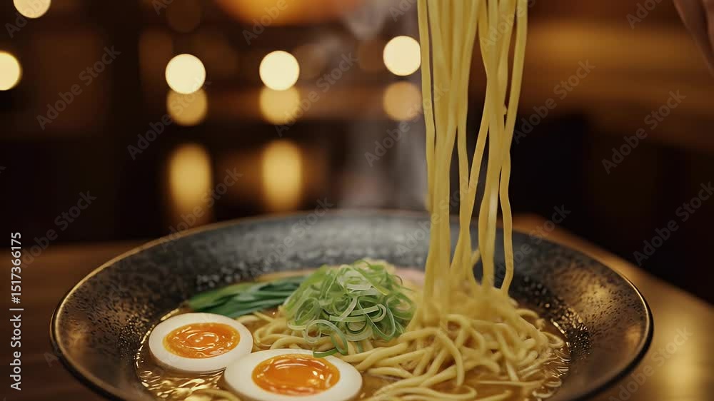 Steaming Ramen Noodles with Soft Boiled Eggs in a Dark Bowl