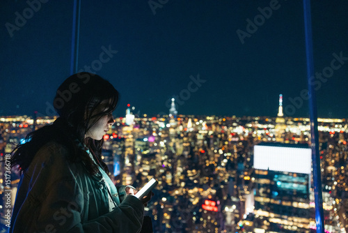 Woman using phone on a sky deck in New York at night