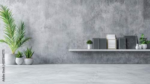Minimalist interior design with gray textured wall modern shelf decor with potted plants and books in contemporary home office or living space