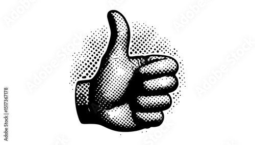 Vintage style thumbs up in halftone – retro textured hand gesture for mixed media.