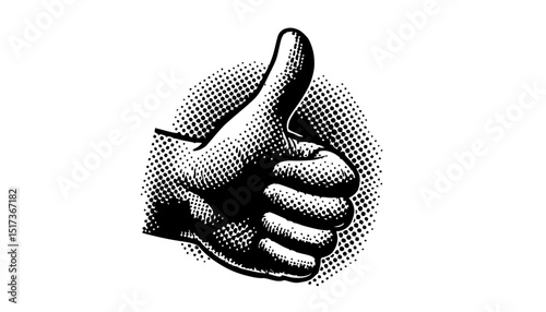 Retro grunge thumbs up hand – halftone textured symbol for vintage collage artwork.