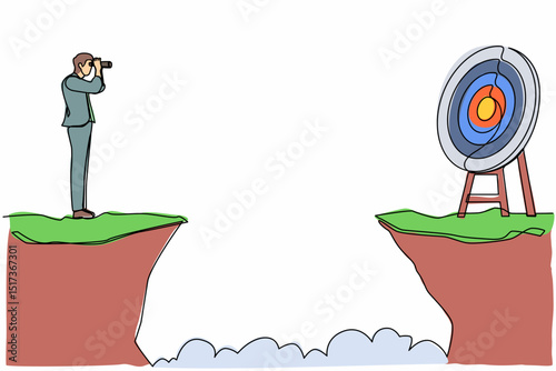 Single one line drawing businessman standing on cliff with binoculars in hand. Business target goals concept. Businessman focus to successful. Continuous line draw design graphic vector illustration