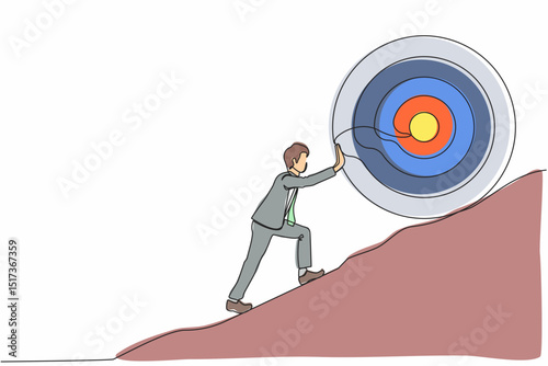 Single continuous line drawing businessman push up big target to mountain. Salary man pushing giant target upwards so very difficult. Goal too big can be difficult. One line draw graphic design vector