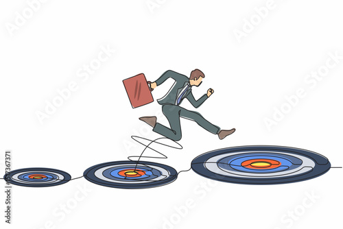 Single one line drawing businessman jumping on bigger target, successfully. Advancement in career or business growth concept. Aspiration and motivation. Continuous line draw design graphic vector