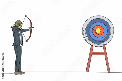 Single one line drawing businessman trying to shoot target with blindfold. Trying to achieve goal without vision. Blindfold man holding bow arrow looking for target. Continuous line draw design vector