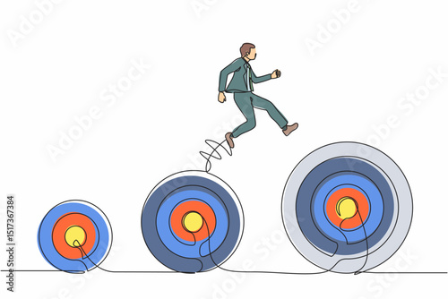 Continuous one line drawing businessman jumping up higher target career goals. The business next target. Planning and successful. Business metaphor. Single line draw design vector graphic illustration