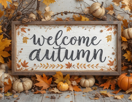 Cozy autumn welcome sign with pumpkins and fall foliage on a rustic wooden background