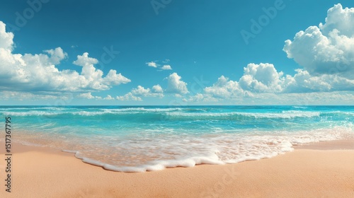 Fototapeta Naklejka Na Ścianę i Meble -  Turquoise ocean waves gently washing onto a pristine sandy beach on a beautiful sunny day with fluffy white clouds dotting the vibrant blue sky