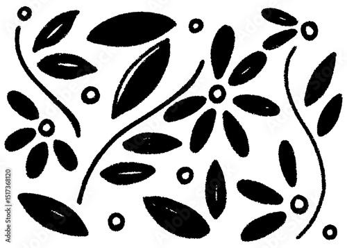 black and white creeping leaves and flowers abstract background