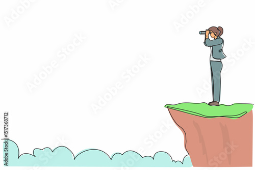 Single continuous line drawing businesswoman looking in binoculars standing on cliff. Business vision concept, leadership, achievement, target. Dynamic one line draw graphic design vector illustration