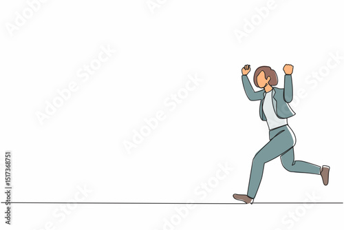 Continuous one line drawing businesswoman running. Business concept. Happy gesture worker. Successful woman in blazer run for work. Business people. Single line draw design vector graphic illustration