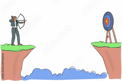 Single one line drawing businesswoman standing on cliff with archer in hand. Business target goals. Woman forced to successful. Shooting target with bow, arrow. Continuous line design graphic vector