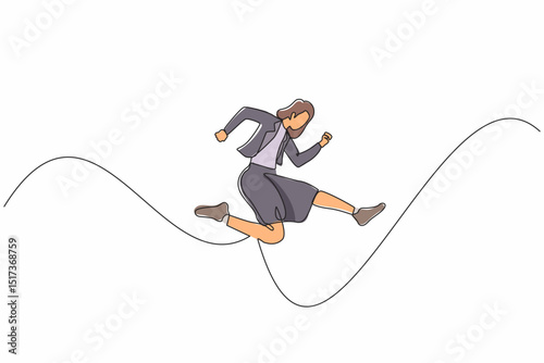 Single continuous line drawing young worker female jumping to show her success. Businesswoman wearing blazer is jump from point to point on white background. One line draw design vector illustration