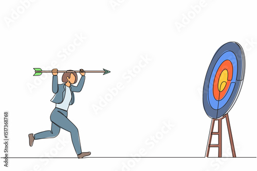 Single continuous line drawing positive ambitious businesswoman point big arrow on target. Goal achievement concept. Business purpose, goal, strategy success. One line draw design vector illustration