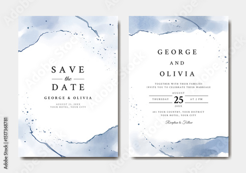 Watercolor blue abstract wedding invitation template