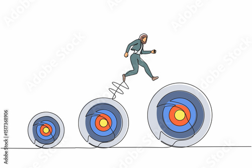 Single continuous line drawing businesswoman jumping up higher target career goals. The business next target. Planning and successful. Business metaphor. Dynamic one line draw graphic design vector