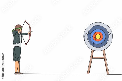 Single one line drawing businesswoman trying to shoot target with blindfold. Trying to achieve goal without vision. Blindfold woman holding bow arrow looking for target. Continuous line design vector