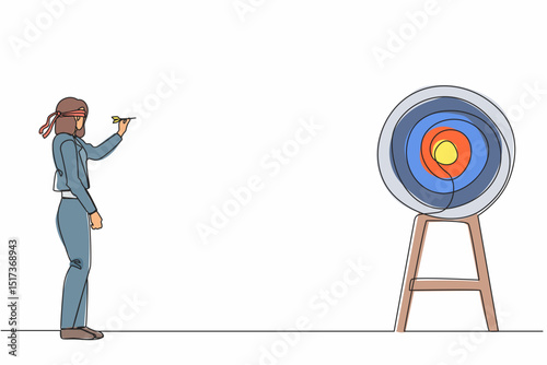 Single one line drawing cute businesswoman using blindfold and hit dart target. Confused blindfold businesswoman trying to hit target with dart. Continuous line draw design graphic vector illustration