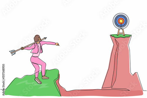 Single one line drawing businesswoman standing on peak of cliff targeting dartboard with big arrow. Businesswoman aiming target on cliff. Success business metaphor. Continuous line draw design vector
