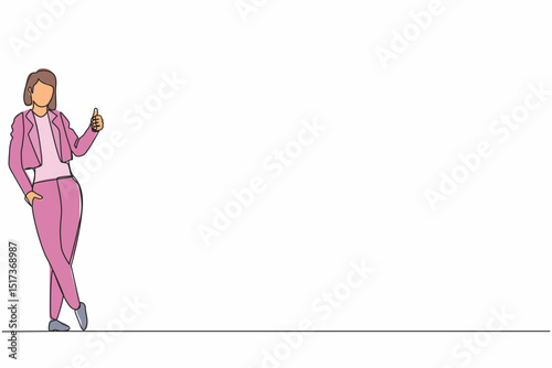 Continuous one line drawing excited businesswoman dressed in formal wear showing thumbs up sign and leaning against the wall. Deal, like, agree, approve, accept. Single line draw design vector graphic