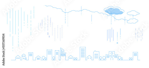 シンプルな雨降る街並みのシルエットの線画イラスト　背景イラスト　都市景観