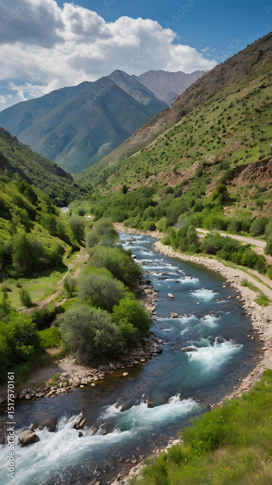 Fototapeta premium Mountain River Valley: Serene mountain river flows through a lush green valley, surrounded by majestic mountains under a vibrant blue sky.