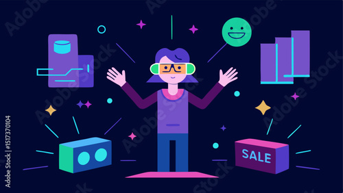 3D Product Holograms Bright holograms of popular products hover above neon sale signs with discounts vibrating in colorful ripples. A teen waves her hands excitedly beneath them.