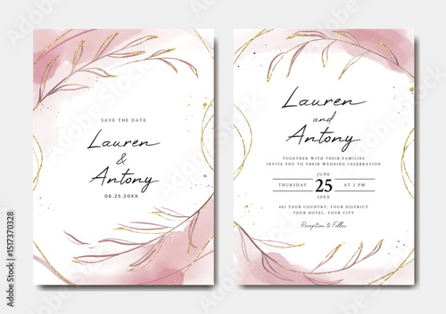 Beautiful wedding invitation template with pink and gold leaves