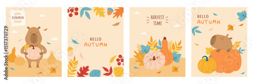 Autumn collection of cards with funny capybara
