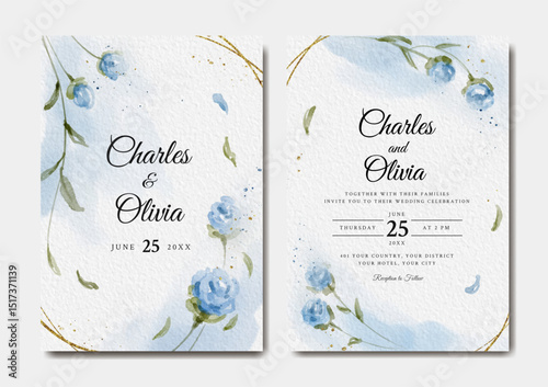 Beautiful wedding invitation template with blue floral and gold splatter