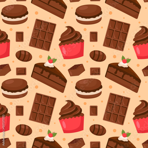Seamless Pattern of Chocolate Desserts with Cakes and Melted Sweets in Flat Cartoon Style Illustration