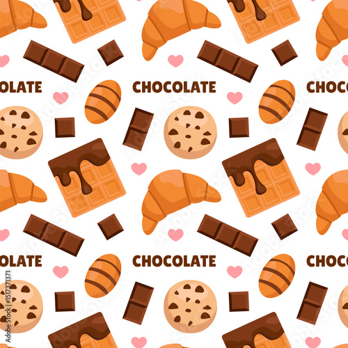Seamless Pattern of Chocolate Desserts with Cakes and Melted Sweets in Flat Cartoon Style Illustration