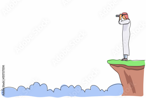 Single one line drawing Arabian businessman looking in binoculars standing on cliff. Business vision concept, leadership, achievement, target. Continuous line draw design graphic vector illustration
