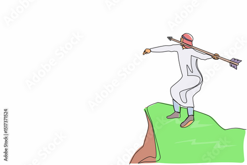 Single continuous line drawing strong Arabian businessman throwing rising up arrow to achieve goal. Business growth, success and improvement concept. One line draw graphic design vector illustration