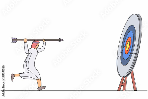 Continuous one line drawing ambitious Arabian businessman point big arrow on target. Goal achievement concept. Business purpose, goal, strategy success concept. Single line draw design vector graphic