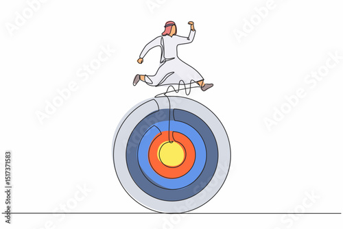 Single one line drawing Arabian businessman move forward with goals. Man running on target. Business competition to success. Marketing career. Continuous line draw design graphic vector illustration