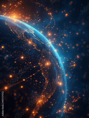 Digital glow connection effect. Close-up of Earth from space with glowing network lines. Ideal for global communication, data flow, and futuristic technology themes.