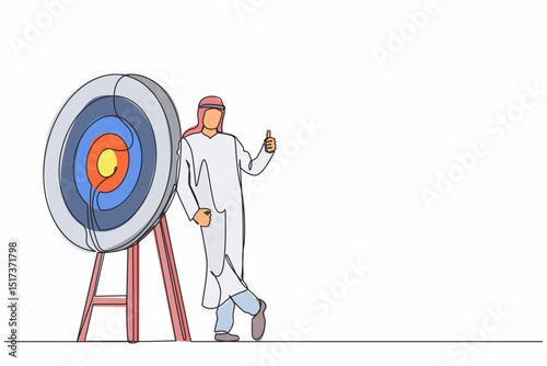 Continuous one line drawing Arabian businessman or manager is standing or leaning the target with thumbs up gesture. Arrow hit the target exactly. Single line draw design vector graphic illustration