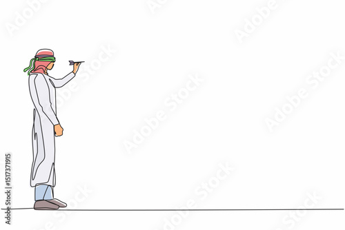 Single continuous line drawing confused Arabian businessman blindfold throwing dart. Unclear target or blind business vision, leadership failure or mistake aiming goal. One line graphic design vector